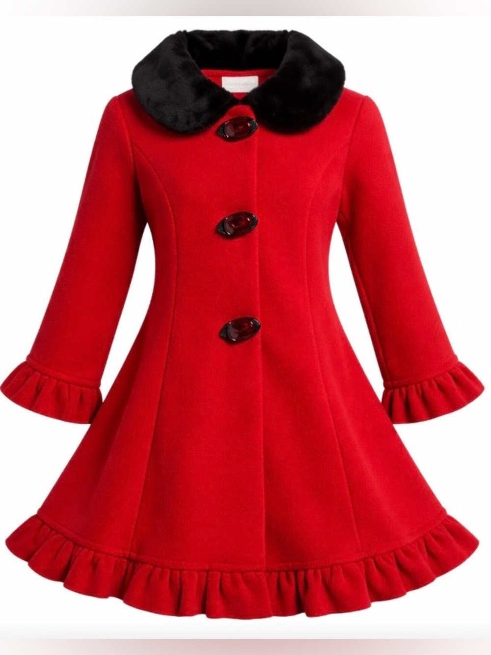 Starting Out Girls 18M Flannel Coat Red w/ Black Faux Fur Collar Roses Black Bow